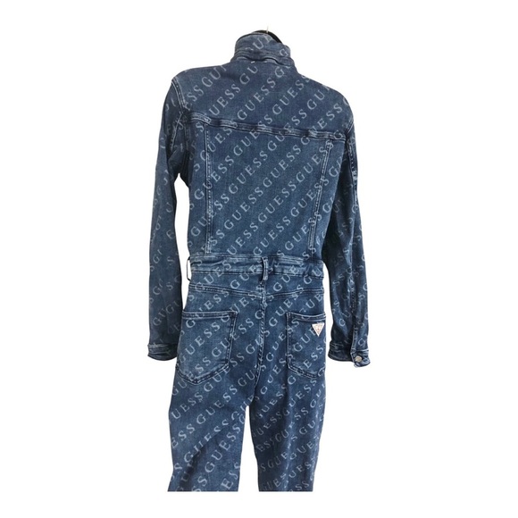 Guess Lorena blue jeans all over Guess logo collared denim jumpsuit size XL new - Picture 10 of 16